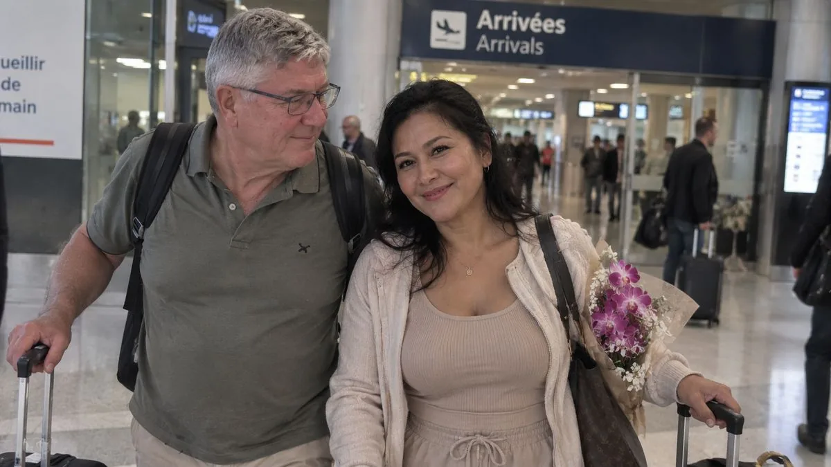 Arrivée de Ploy à l'aéroport en France, accueillie par Jean