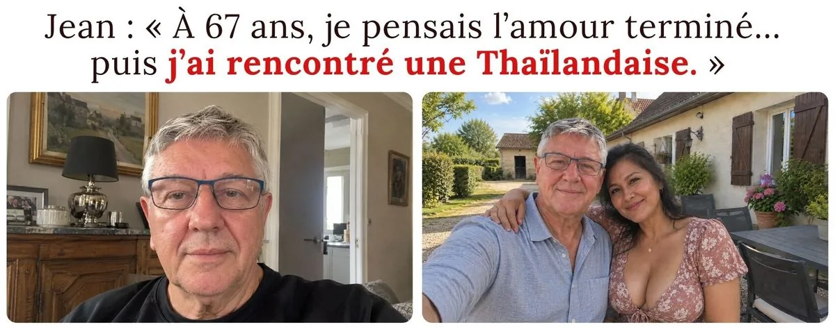 Jean, 67 ans, et sa compagne thaïlandaise devant leur maison en France : rencontrer une femme thaïlandaise après 60 ans